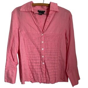 Tracy M Linen Collard Pink Button Up Pintuck Pleated Blouse L Resort Casual